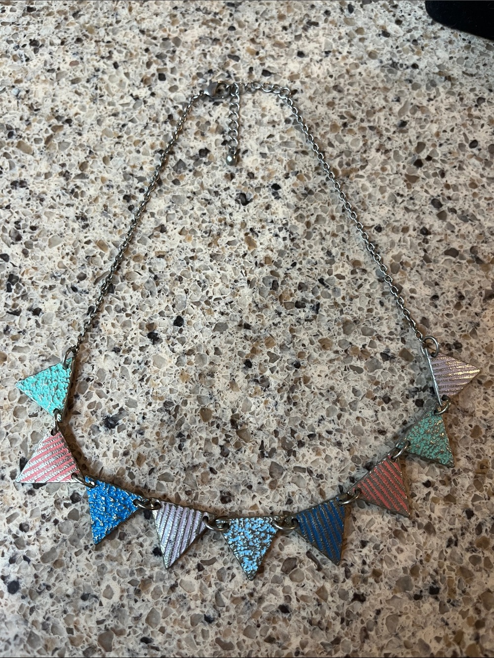 Colorful Triangle Pendant Necklace — Blue, Teal, Pink, Silver